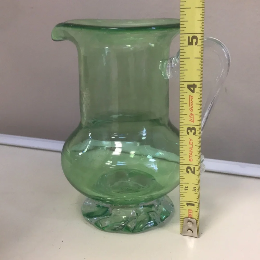 Vintage Signed Green Handblown Glass Pitcher w/ Applied‎ Clear Glass Handle&Base